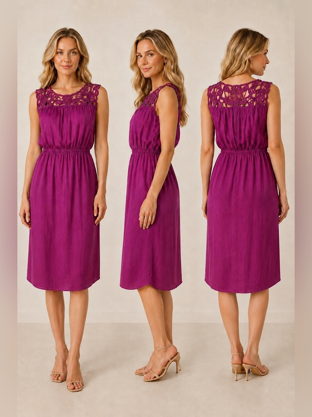 Max Studio Linen Magenta Midi Dress with
Crocheted Lace, Sleeveless, Medium